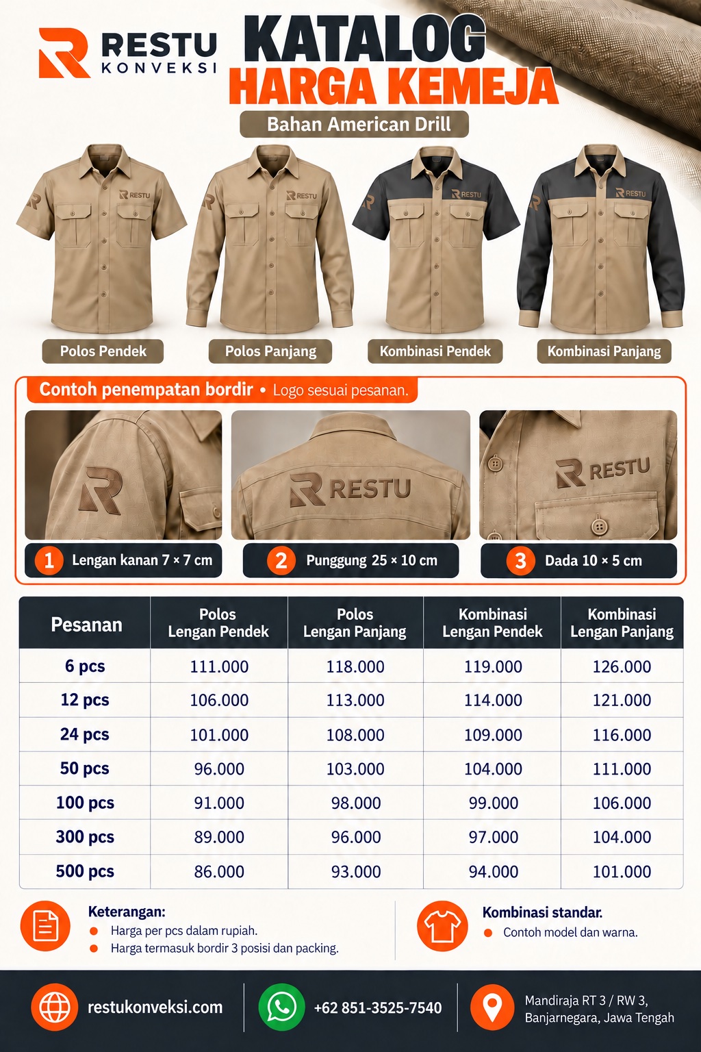 Katalog harga kemeja American Drill Restu: 4 model, pesanan 6 sampai 500 pcs