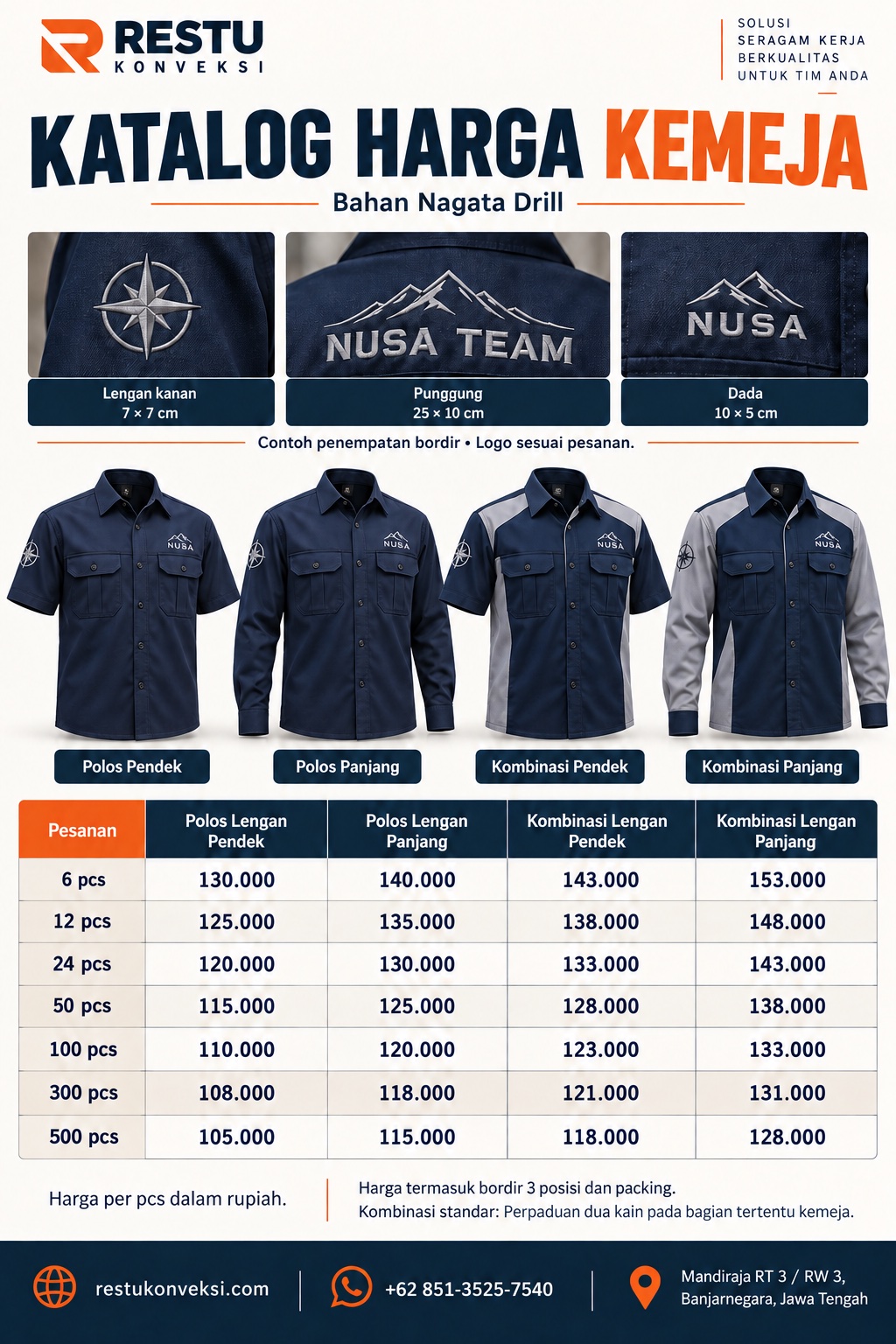 Katalog harga kemeja Nagata Drill Restu: 4 model, pesanan 6 sampai 500 pcs
