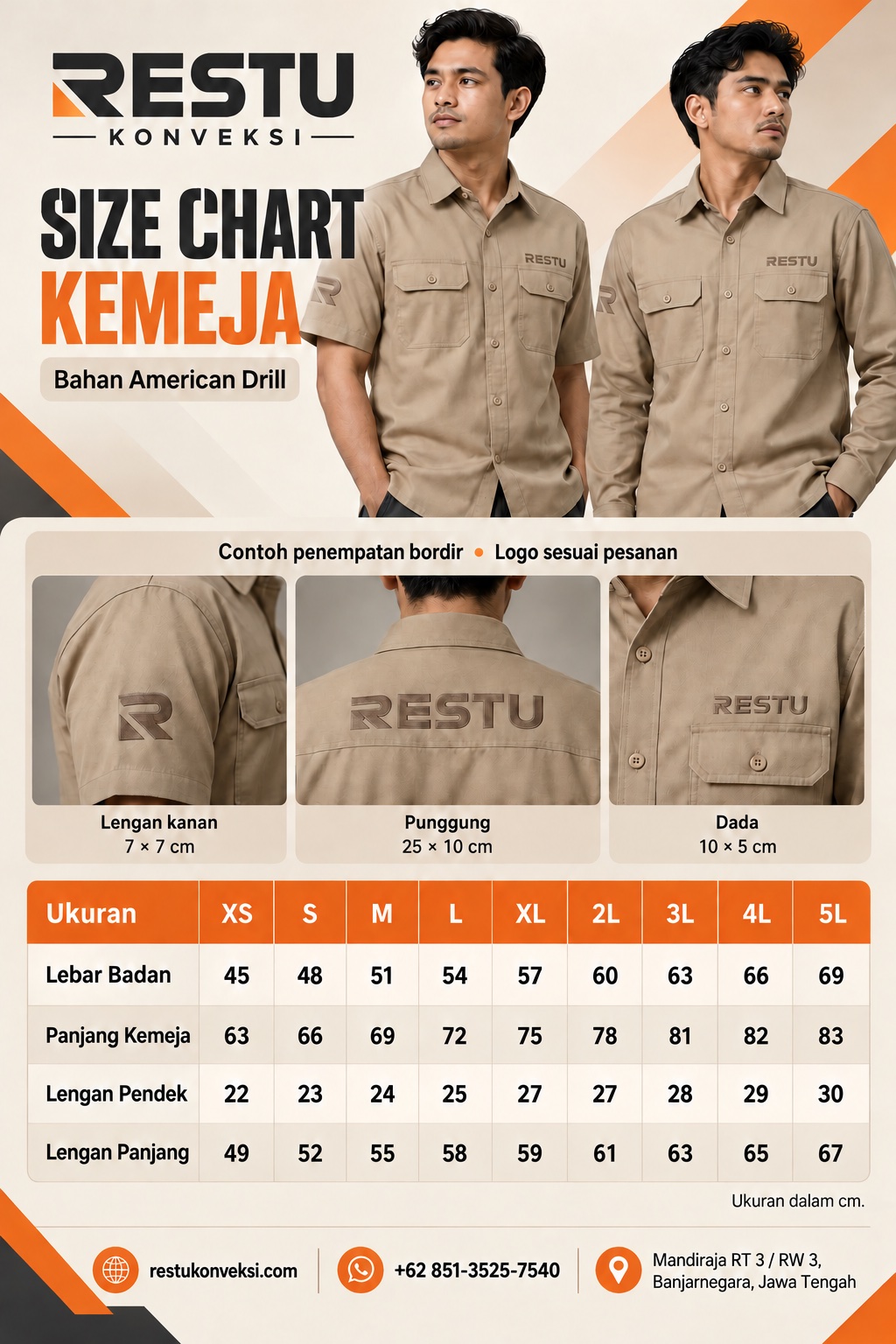 Size chart kemeja Restu XS sampai 5L dalam cm; lengan pendek XL dan 2L 27 cm