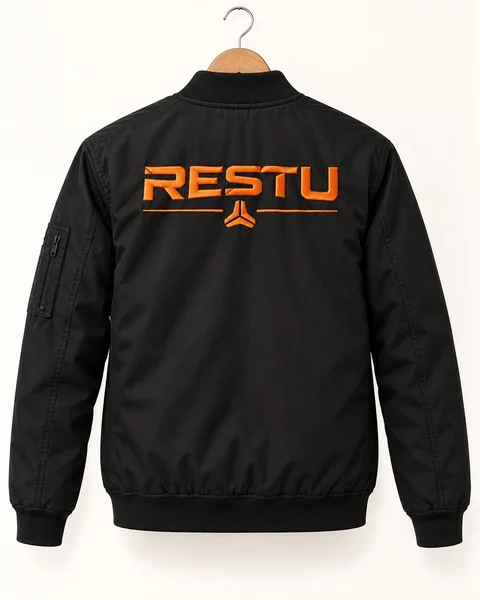 Ilustrasi desain jaket hitam dengan bordir oranye — belakang