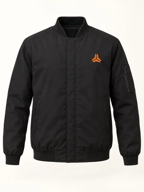 Ilustrasi desain jaket hitam dengan bordir oranye — depan