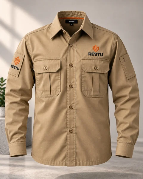 Ilustrasi desain PDL lengan panjang khaki — depan