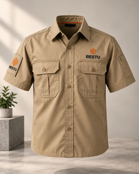 Ilustrasi desain PDL lengan pendek khaki — depan