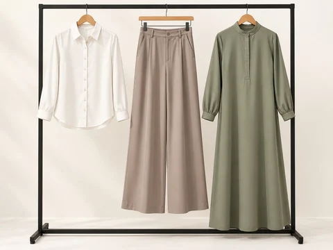 Ilustrasi pilihan produk jasa jahit: kemeja wanita putih gading, kulot taupe, dan gamis hijau sage