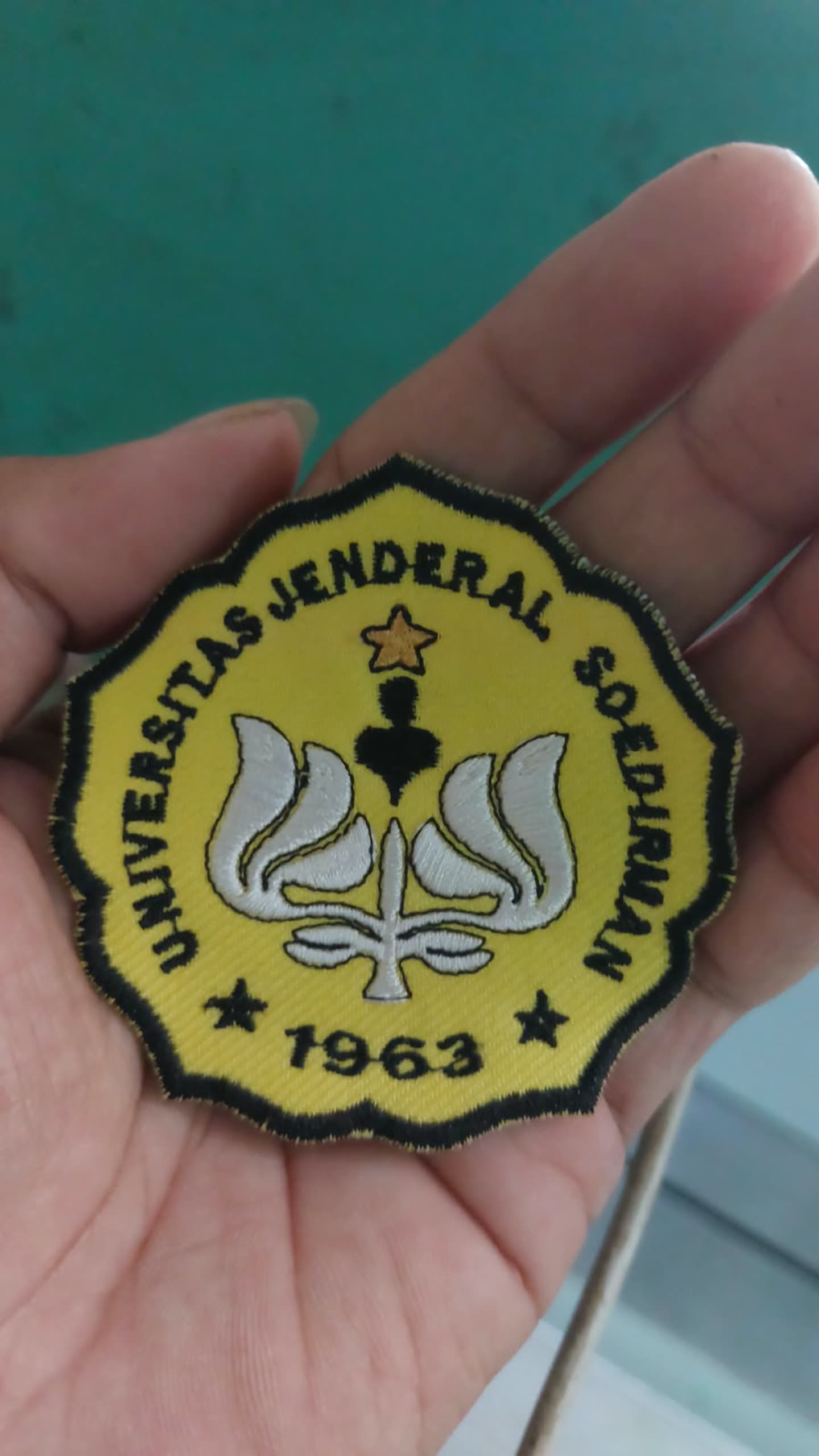 Emblem berbentuk bundar di tangan.