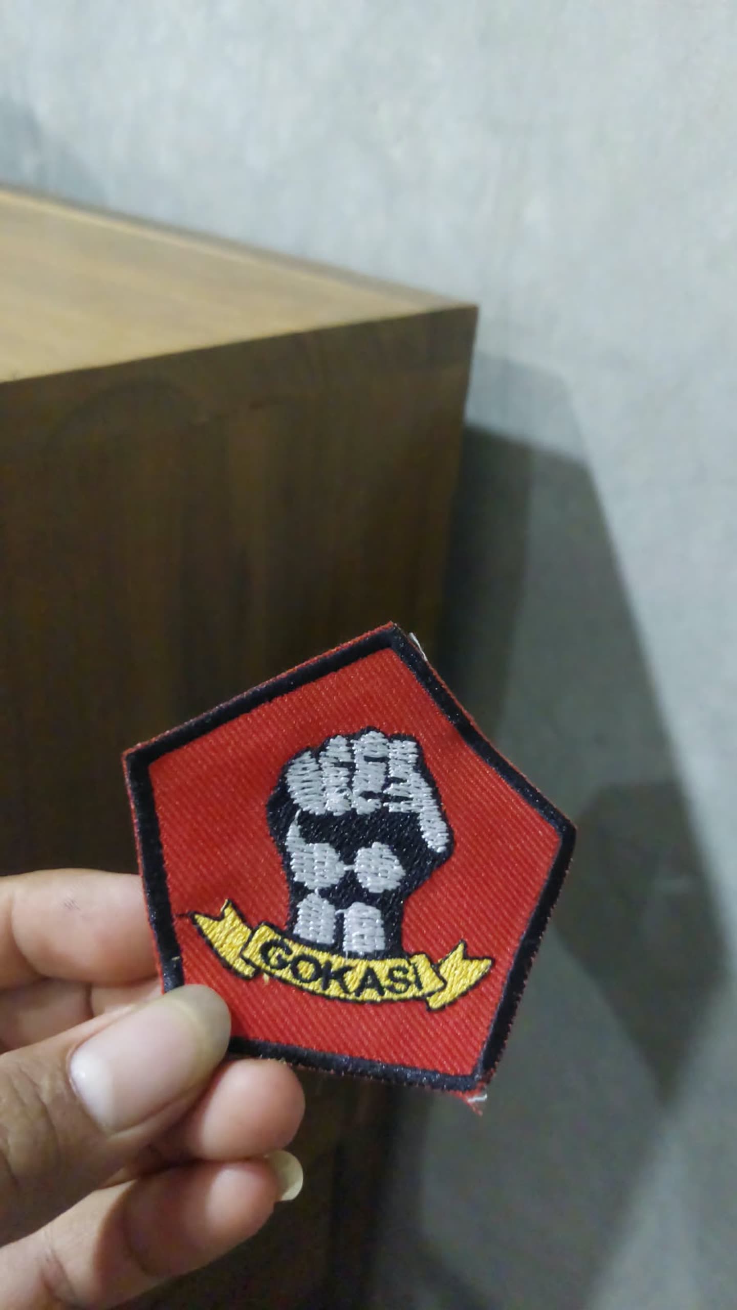 Emblem lima sisi dengan gambar bola di tangan.